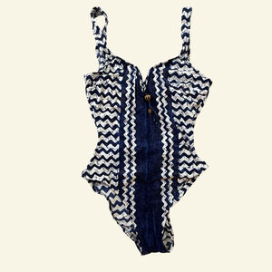 Cole of California Blue White Chevron One Piece Swimsuit Vintage Style Size 10